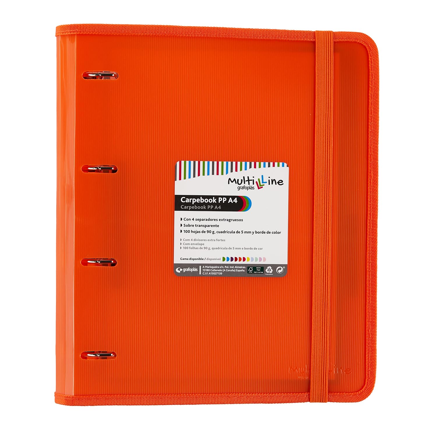 Grafoplás 88100052. Folder 4 Rings with Refill and Separators, A4, Orange, Striped Polypropylene, Multiline Carpebook