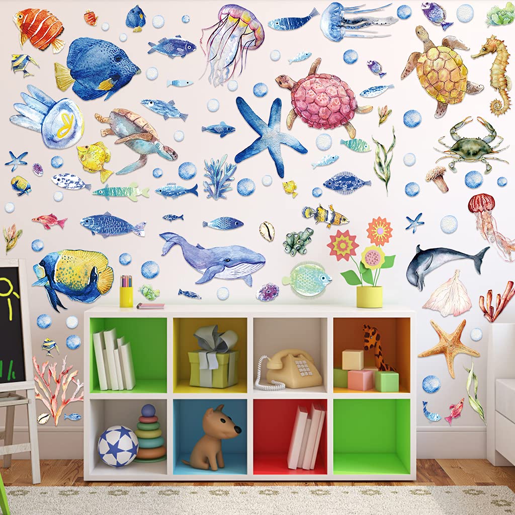 Alnicov 104 Pieces Colorful Under The Sea Wall Decals Fish Jellyfish Wall Decor Removable Ocean Themed Wall Decals for Bedroom Living Room Office