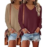 Bliwov 2 Pack Womens Long Sleeve V Neck Tops Fall Winter Outfits Spring Trendy T Shirts 2026 Casual Fashion Clothes