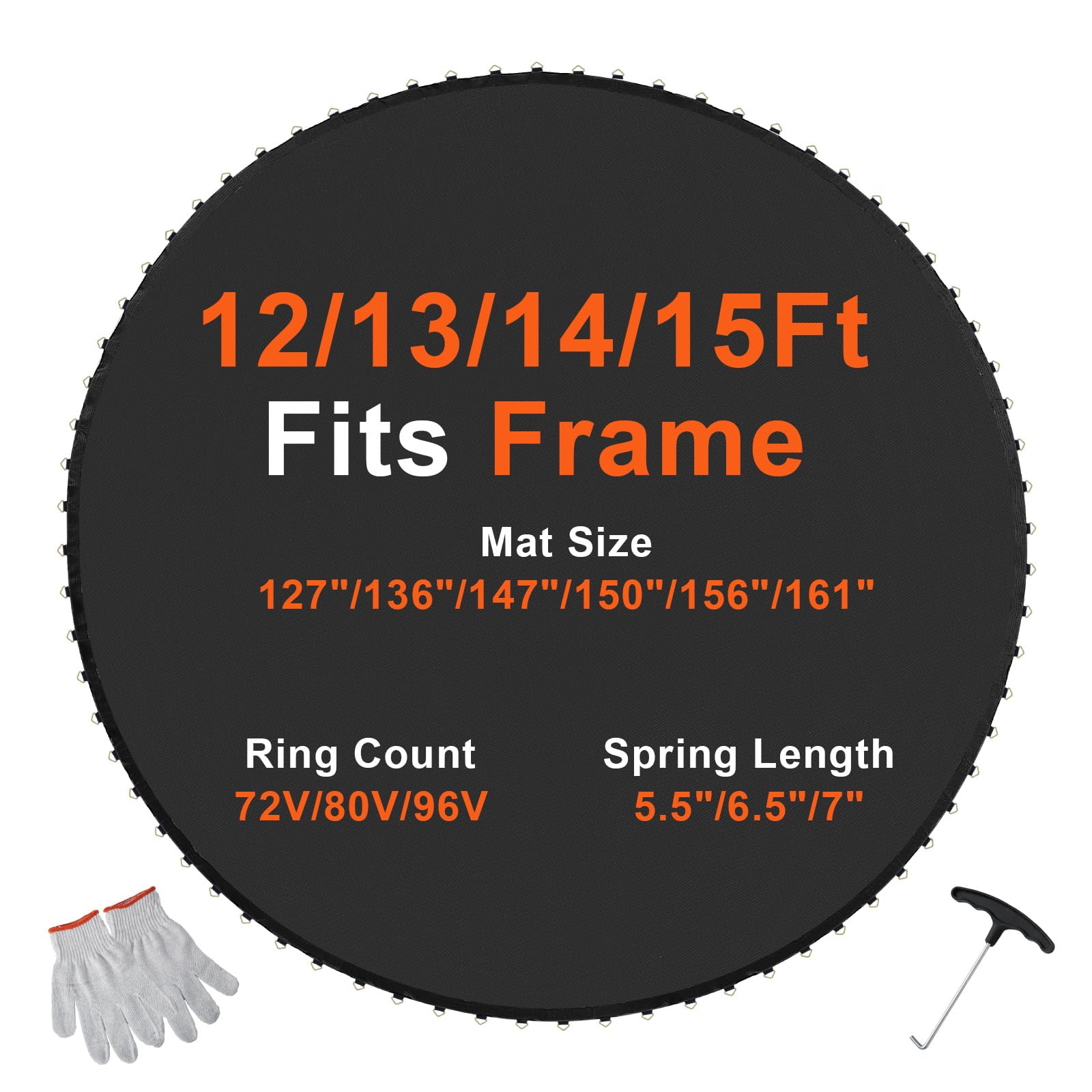 Photo 1 of VEVOR Replacement Trampoline Mat, Jumping Mat Fits 12ft Frame, Universal Jumping Mat for 12ft Round Trampoline, Reinforce UV-Resistant Mat with Spring Tool & Durable V-Rings, Fit 5.5" Spring Length