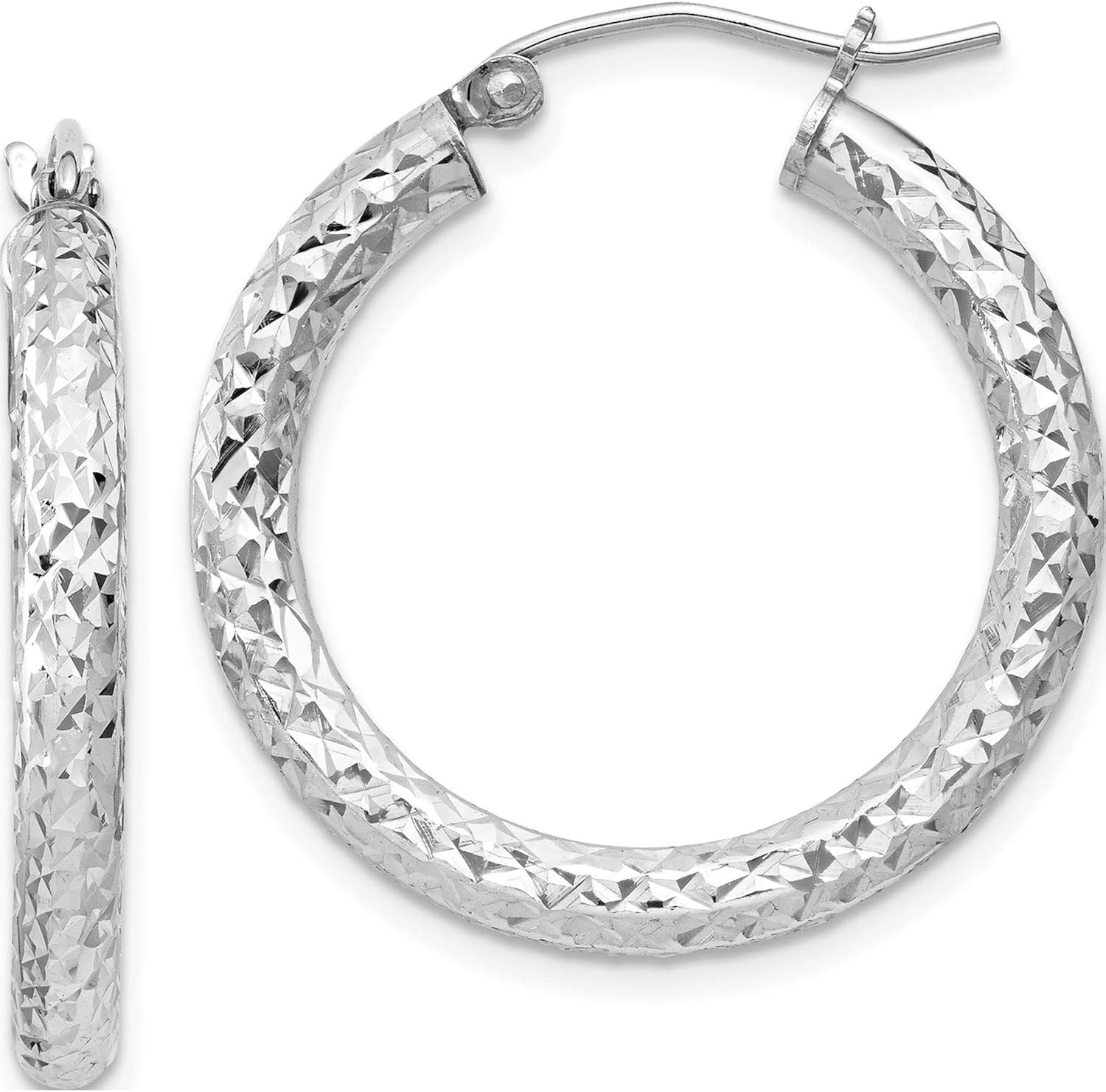 Sterling Silver RhodiumPlated D/C 3X25mm Hoop Earrings (Length=25