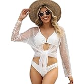 EDIMENS Bathing Suit Cover Ups for Women Long Sleeve Pearls Sheer Mesh Beach Cover Ups Swimwear Swimsuit Coverup for Women
