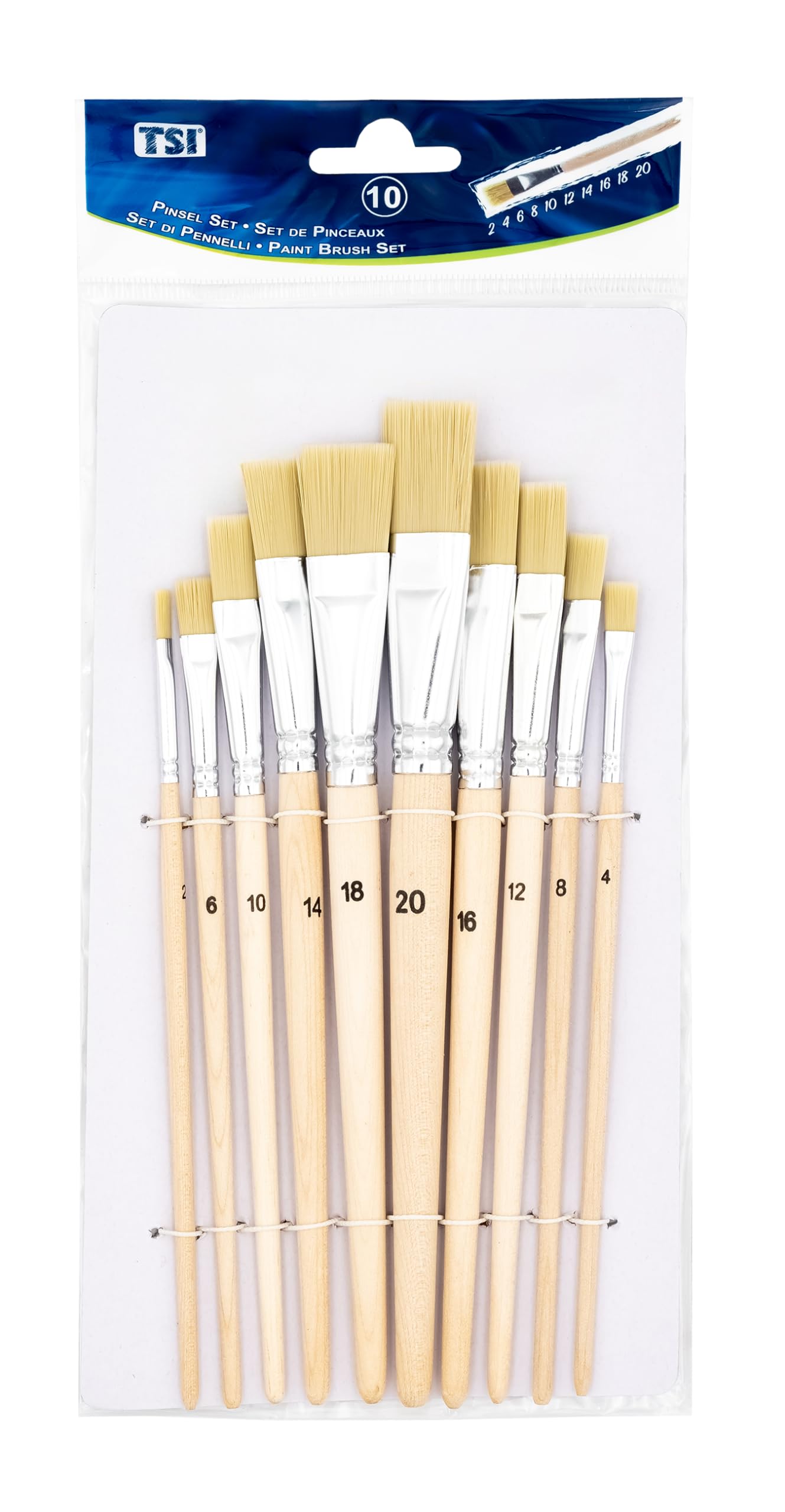 TSI 49032 Bristle Brush Set 10 Pieces (Sizes 2,4,6,8,10,12,14,16,18 and 20) Natural Shaft