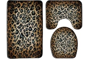 Sunhe 3 Piece Leopard Bath Rug Sets African Wild Animal Leopard Cheetah Brown Skin Pattern Creative Modern Bathroom Doormat Rugs, Toilet Seat Cover, U-Shaped Floor Mat