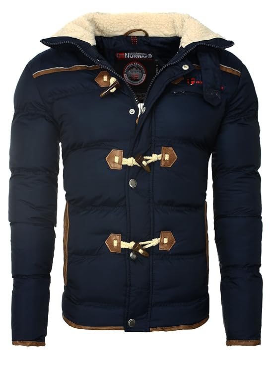 Geographical Norway Herren Winterjacke Dufflecoat Optik Steppjacke Ellenbogenpatches Innentaschen Reißverschluss