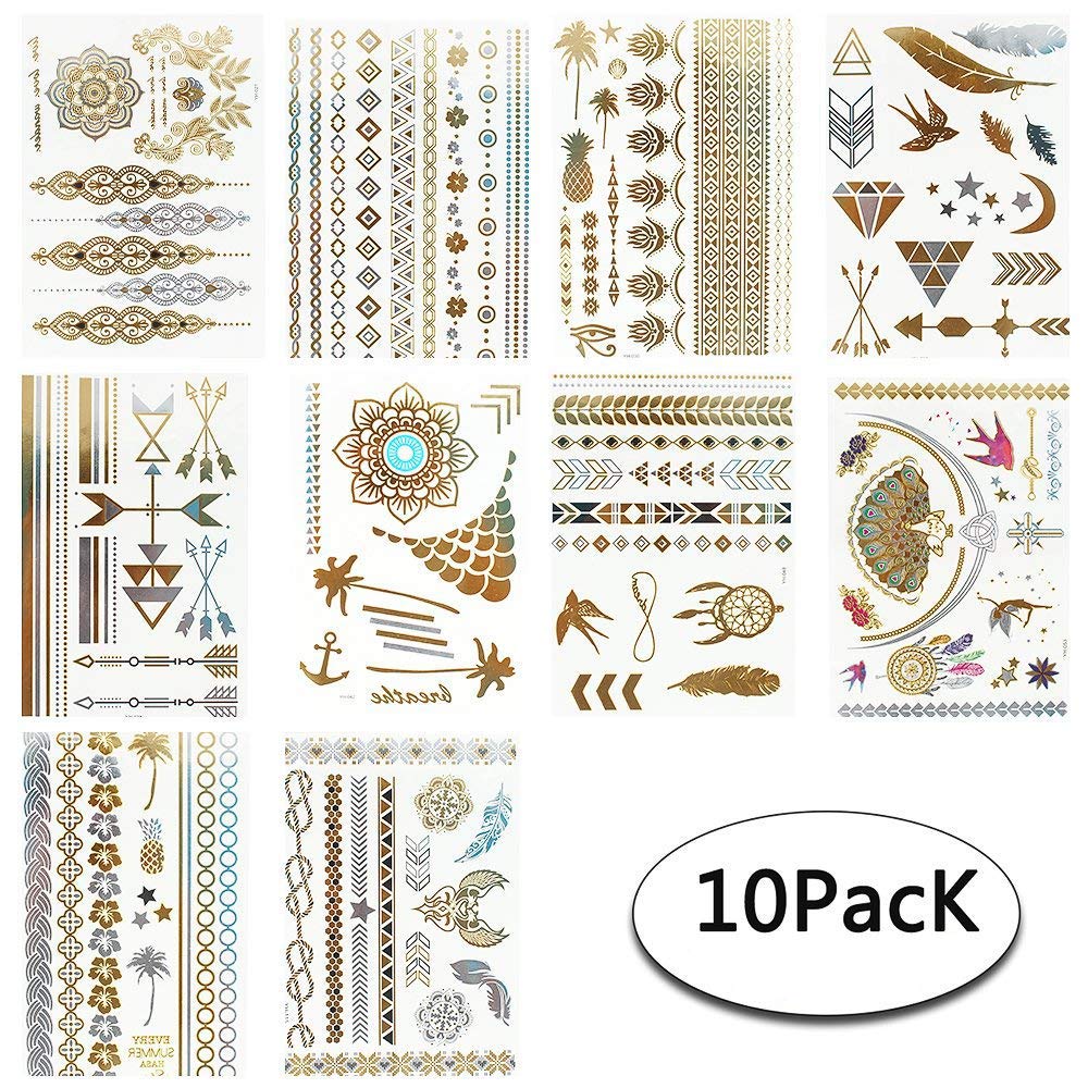 Tattoo Tätowierung Metallic Tattoos Temporäre Tattoo Aufkleber Glitzer Tattoo 10 Sheets für Frauen Jugendliche Mädchen (Silber Gold)