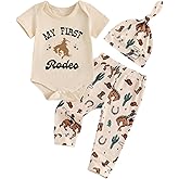 SAYOO This Is My First Rodeo Country Cowboy Funny Infant Baby Boy Bodysuit Long Pants Hat 3Pcs Western Coming Home Outfit