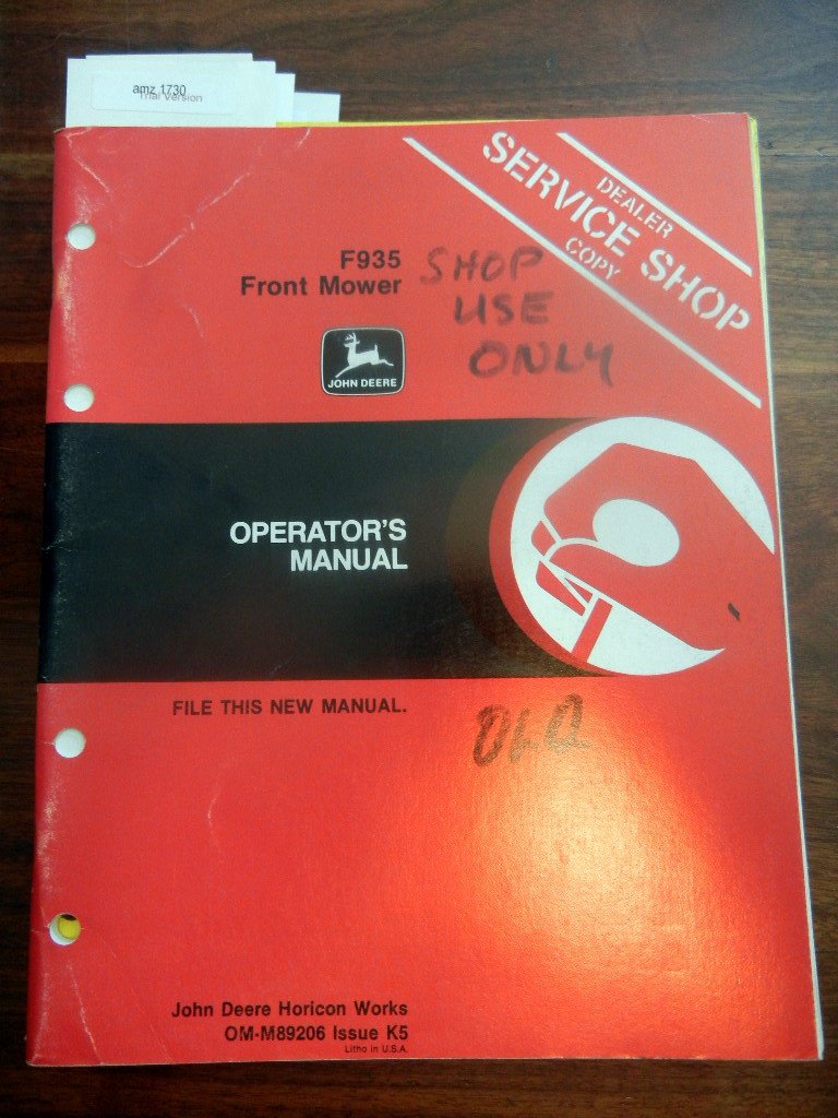 Amazon.com: John Deere F935 Front Mower OEM Operators Manual  (6301147761798): John Deere Manuals: Books