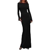 PRETTYGARDEN Women's Fall Fashion 2026 Long Sleeve Maxi Dress Ribbed Knit Boat Neck Bodycon Casual Dresses Going Out Outfits