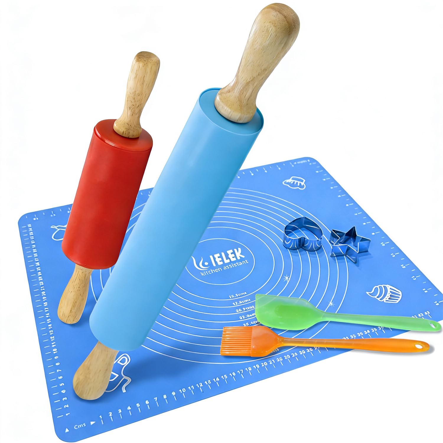 Ielek Official Rolling Pin and Pastry Mat Silicone Spatula Basting Pastry Brushes Set:Combo Kit of Large and Small Non-Stick Silicone Dough Rollers and 2 Stainless Steel Cookie Cutters for Baking
