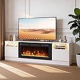 OneBlis 70" Fireplace TV Stand for TVs Up to 80",Entertainment Center with 36” Electric Fireplace and 12 Colors LED Lights,Large TV Console with Storage Cabinet for Living Room,White and Black