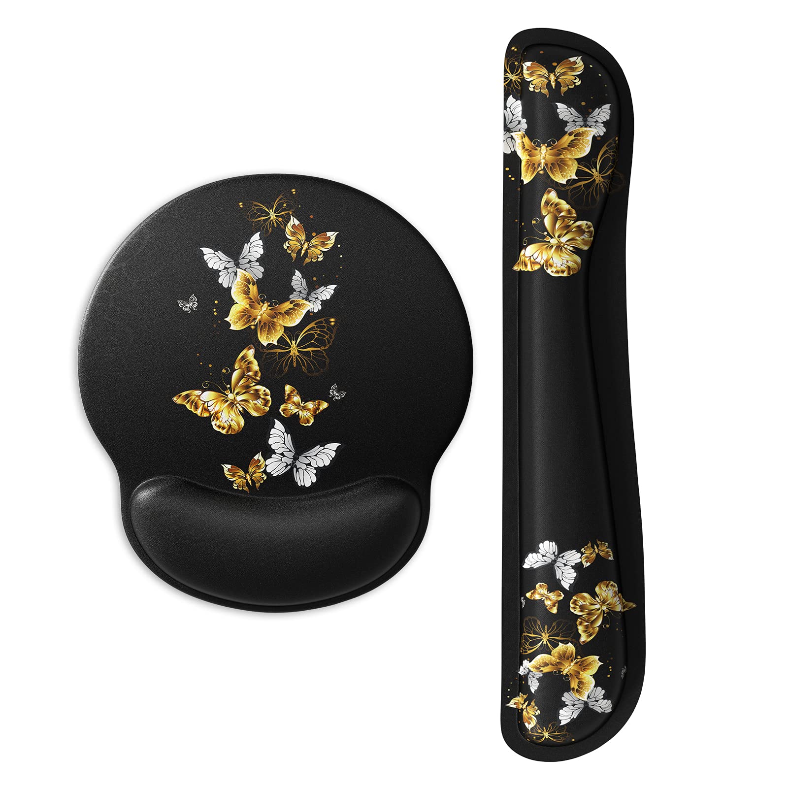 ITNRSIIET Gaming Mouse Mat with Wrist Support, Wrist Support Keyboard and Mouse Pad with Wrist Rest Set, Ergonomic Mousepad Smooth Waterproof Lycra Surface, Non Slip PU Base, Golden Butterfly