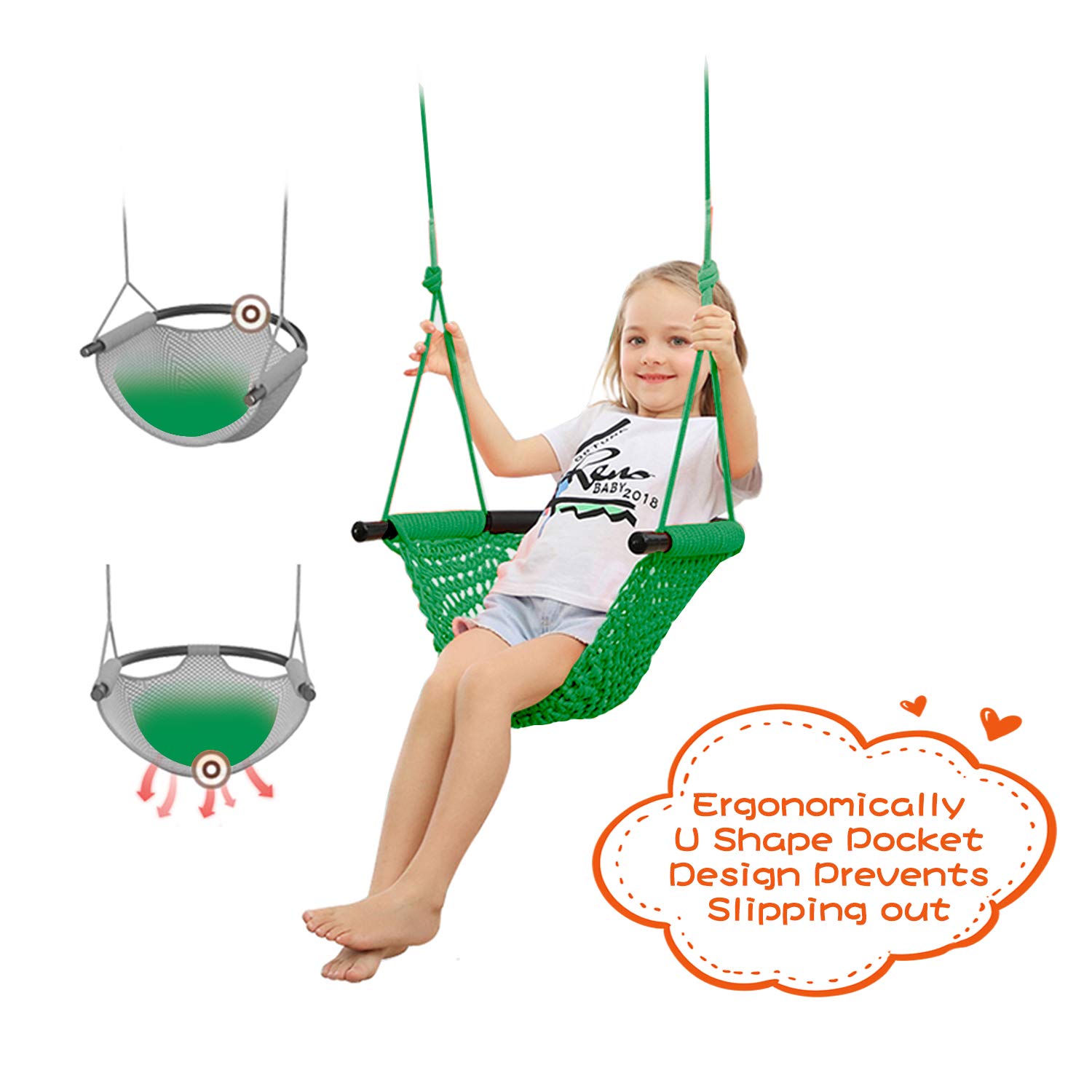 RedSwing Kids Swing seat with Adjustable Ropes, Hand-Knitting Child Swing Seat Great for Tree, Outdoor Indoor, Playground, Backyard, Green
