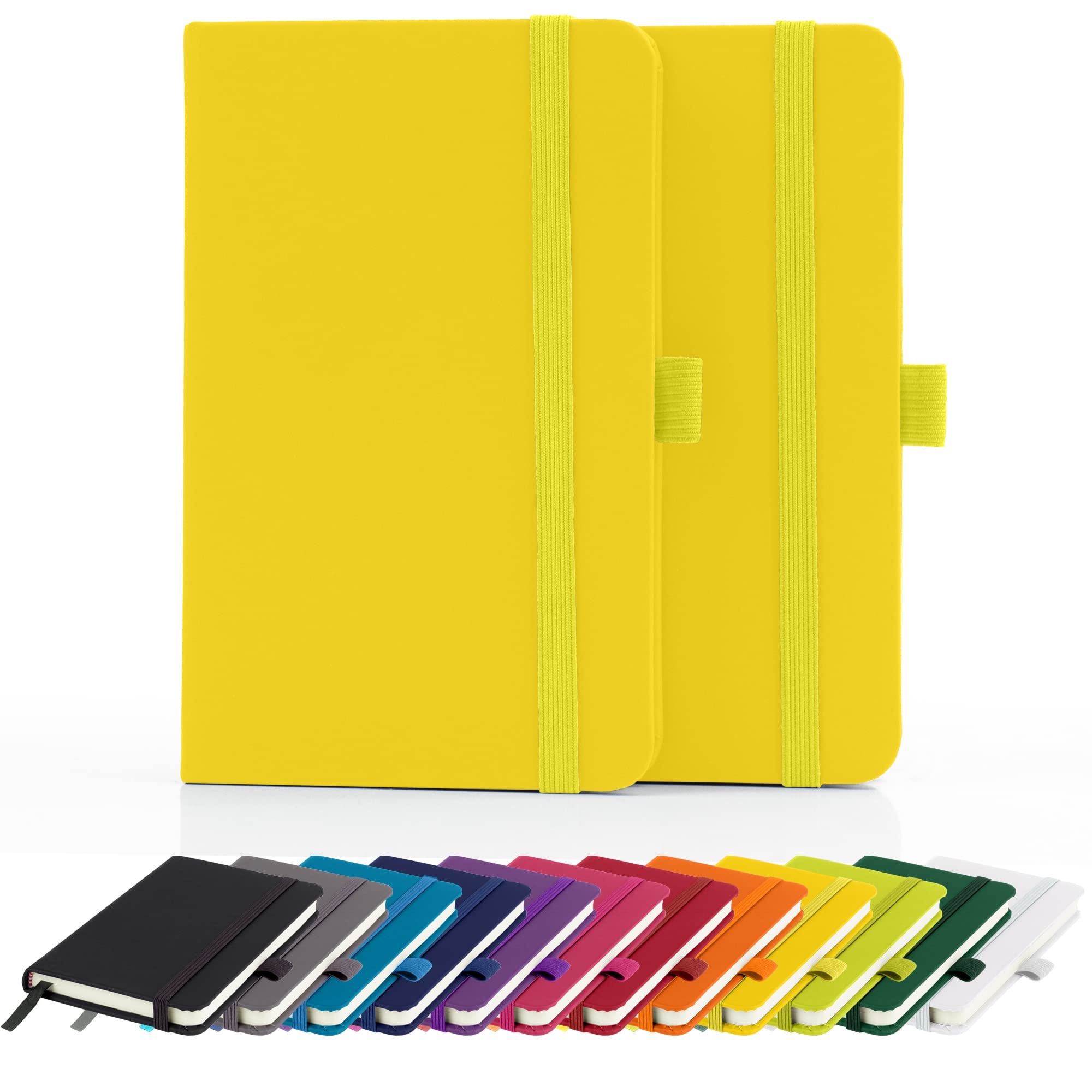 Savvy Bee 2 x Notebooks, Double Pack A6 Notebook New Lined Pocket Hardback Small Journal with pen loop, elastic closure and ribbon marker 196 pages / 98 sheets Notepad Notes Pad (Yellow)
