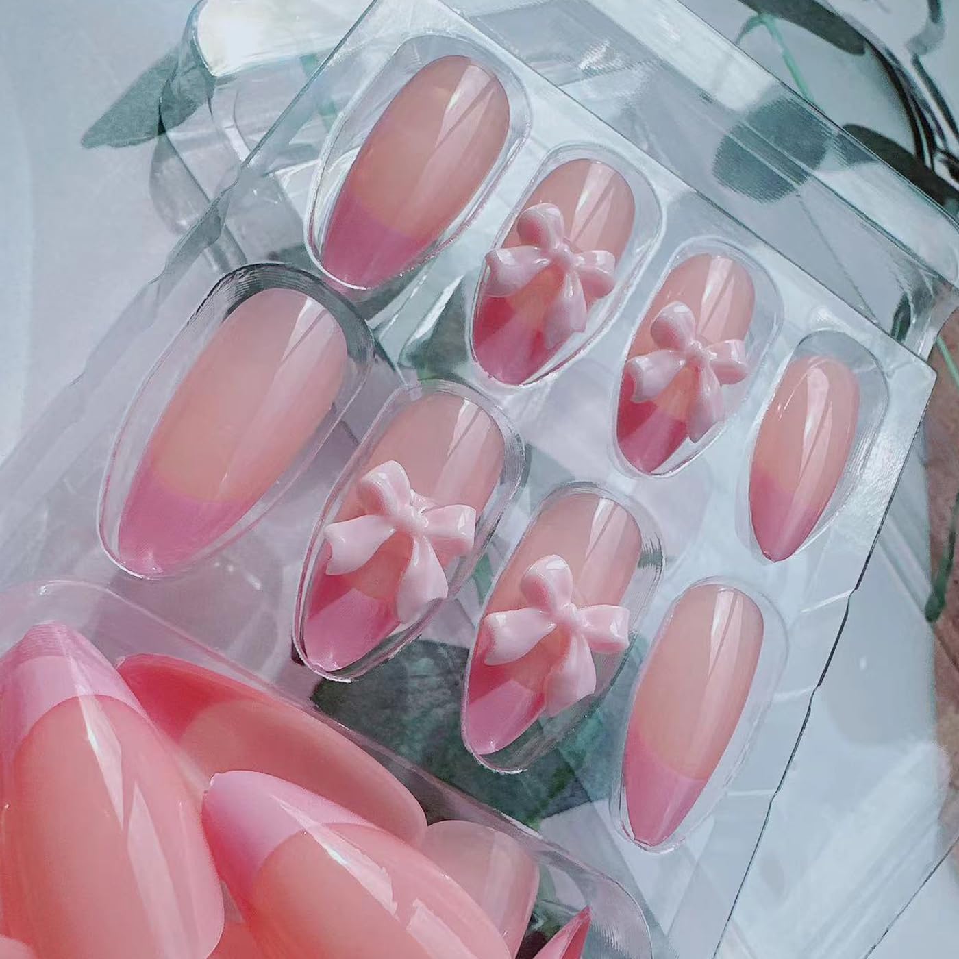 24Pcs French Tip Press on Nails Fake Nails with Pink Bow Design Gloss Short Almond-Shaped False Nails Cute Bow Press ons Stick on Nails Acrylic Artificial Fingernails for Women Girls - Image 3