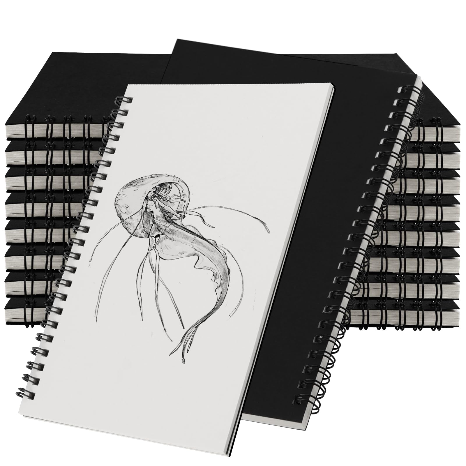 JEUIHAU 10 Pack A5 Sketchbook, 100gsm Spiral Bound Sketchbook with Black Kraft Cover, 60 Sheets/120 Pages Blank Sketch Pad for Writing, Painting, Sketching, Memos, Travel