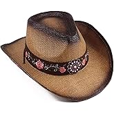 Panchitalk Straw Cowboy Hats for Women, Pink Flower Straw Western Party Concert Women's Cowboy Hat, Vintage Wide-Brimmed Hat