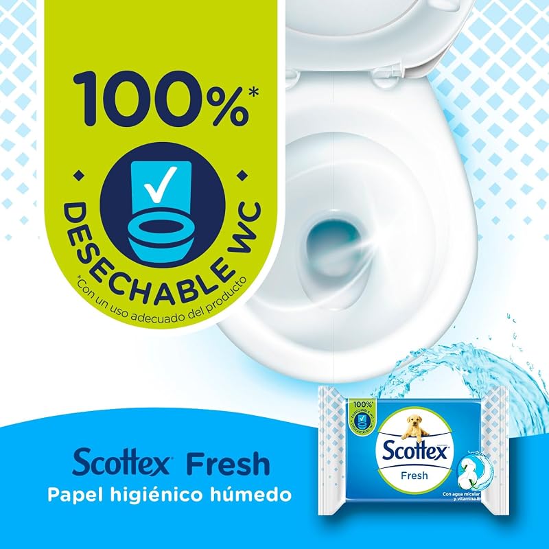 Papel Higiénico Húmedo Fresh con Agua Micelar y Vitamina E, Biodegradable y Sin Plástico, Caja 12 packs de 38 servicios, Total 456 Toallitas Húmedas Desechables por WC