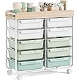 Rolling Storage Cart with 10 Large Drawers, Utility Cart with Wooden TableTop for Craft Organizers, Art Supply Storage, Home Office Organization, Cart with Wheels for Classroom, School, Green