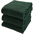 Textured Dark Green Kitchen Dish Towels 100% Cotton Cloth Soft Cleaning Drying Absorbent Terry Ribbed Loop: Set of 3 Multipurpose for Everyday Use