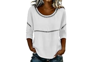 Womens Summer Tops 3/4 Sleeve Lace Crewneck Linen Shirts Boho Peasant Gauze Blouses Dressy Casual Bohemian T Shirts
