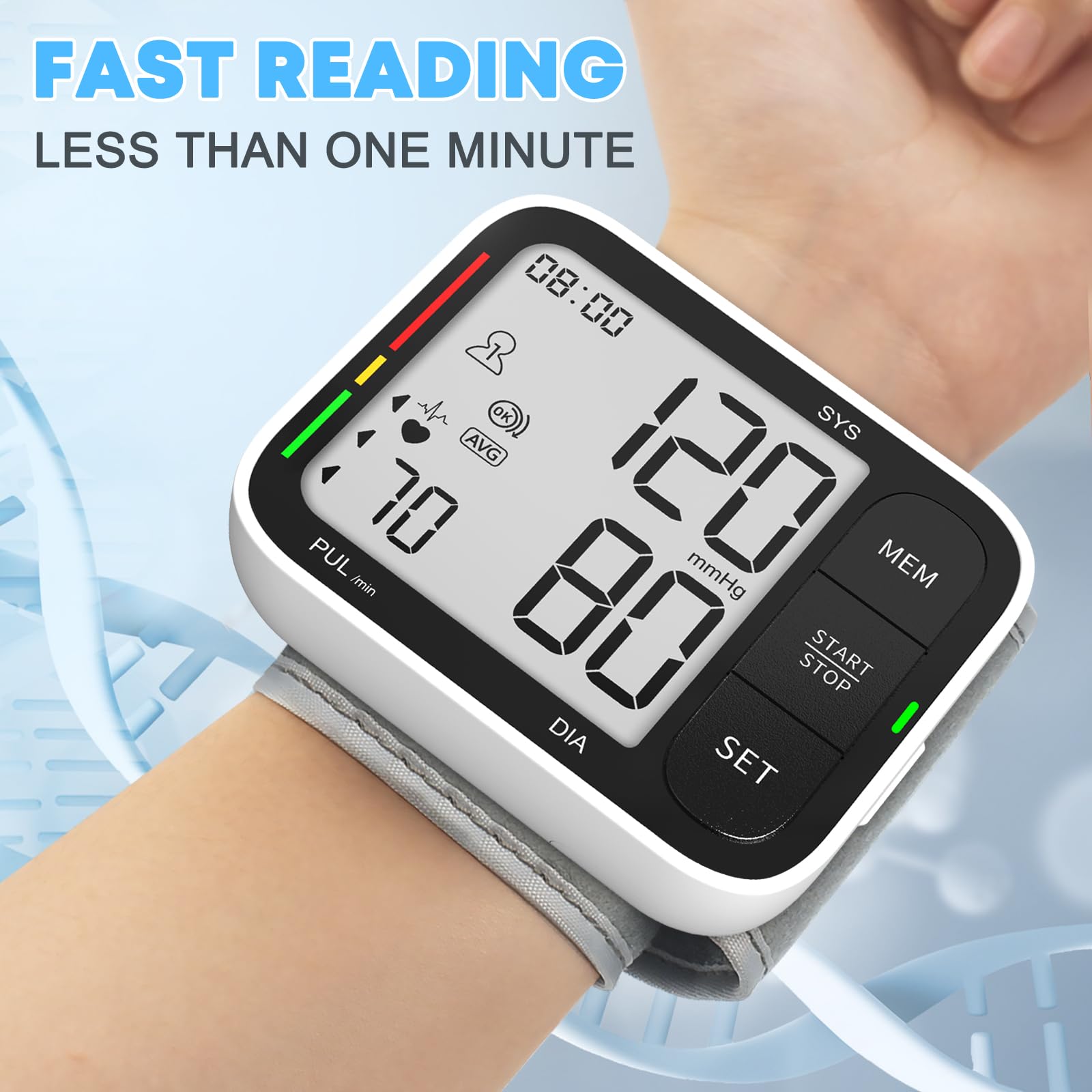 KIKEANG Blood Pressure Cuff Wrist, Universal Bp Cuff(5.3-8.4in) Large LCD Display 2 Users Total 240 Memories, 2 AAA Batteries & Carrying Case Included