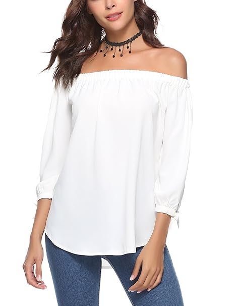 Abollria Damen Chiffon Bluse Schulterfrei Elegant Sexy Langarm Shirt Sommer Trägerloses Top mit Schleife an Ärmeln