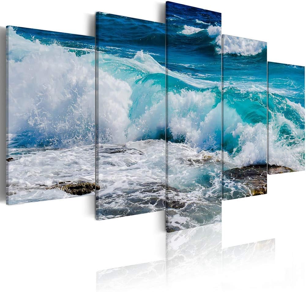 ArtHome520 Blue Sea Ocean Wall Art Canvas Print Painting Turquoise Seascape Waves Picture Home Decor Modern Framed Ready To Hang 5 Panel (12''x18''x2+12''x24''x2+12''x36''x1)