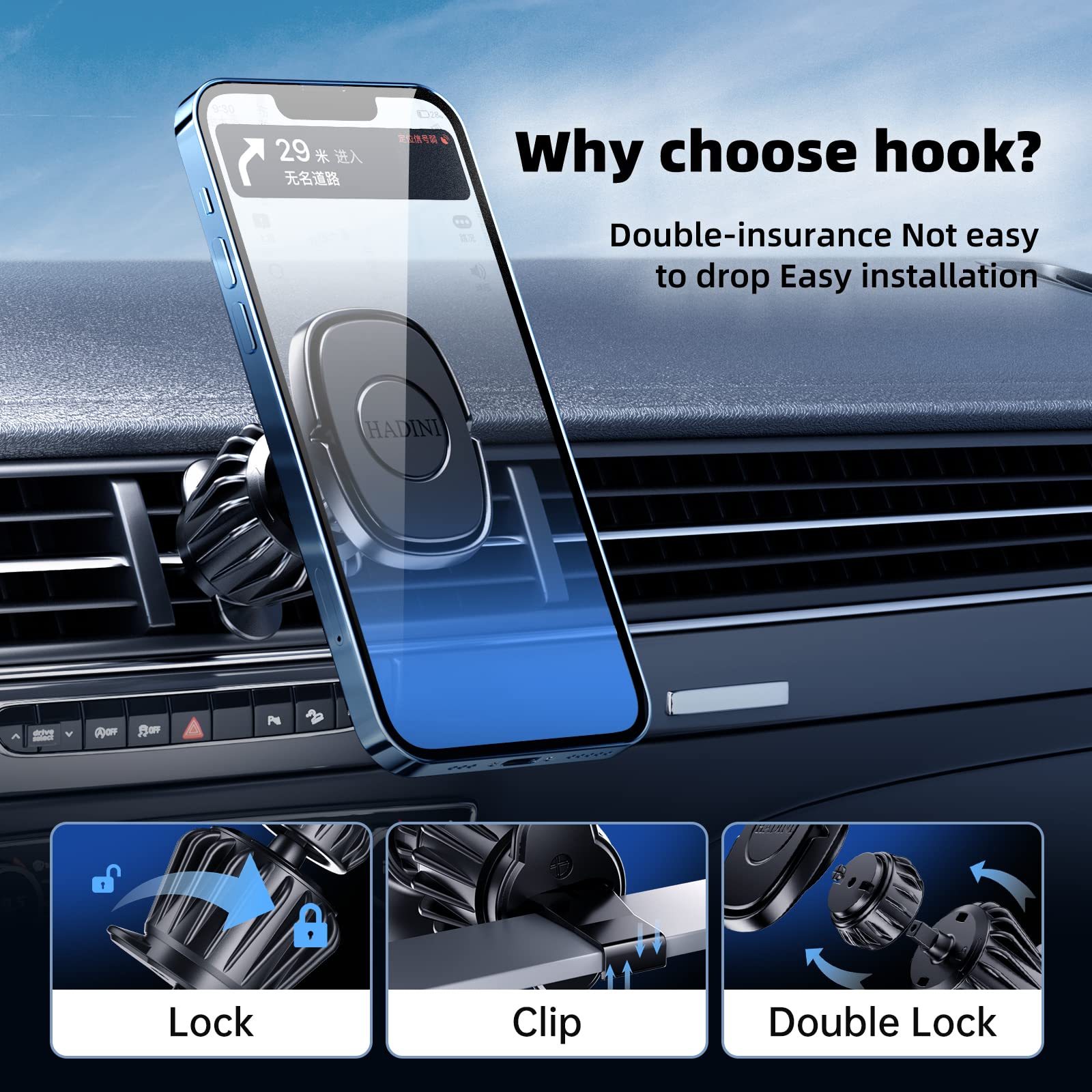 Magnetic Car Mount [Metal Hook Clip] Air Vent Phone Holder Compatible With All Smartphones