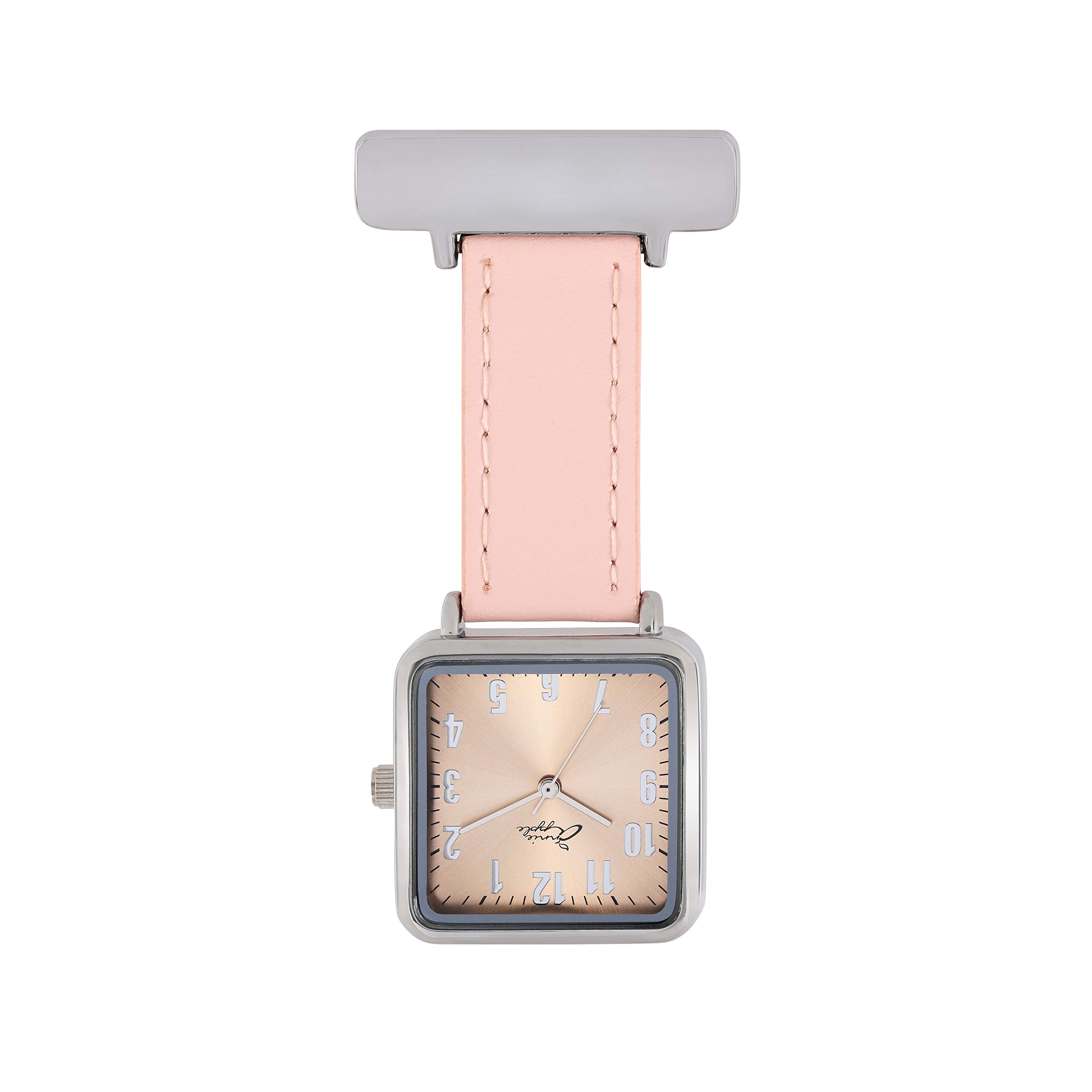 Annie Apple Nurse Fob Watch – Rose Gold Dial with Silver Square Case and Pink Leather Strap – Pocket Watch for Nurses, Hairdressers, Beauticians