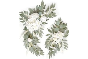 BLOSMON Artificial Flowers Swag Wedding Decorations Floral Swag Set of 2 for Wedding Welcome Sign Floral Decorations Ivory Greenery Silk Rose Flower Swag Arrangements for Wedding Reception Decor