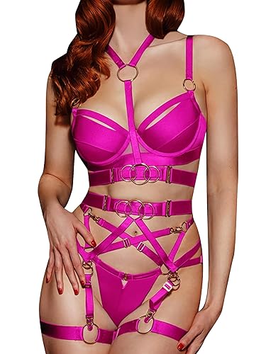 ssyyx Womens Garter Lingerie Set,Strappy Underwire Sexy Lingerie with Choker Harness Matching 5 Piece Rose in Dubai - UAE | Whizz Women ssyyx Womens Garter Lingerie Set,Strappy Underwire Sexy Lingerie with Choker Harness Matching 5 Piece Rose in Dubai - UAE | Whizz Women