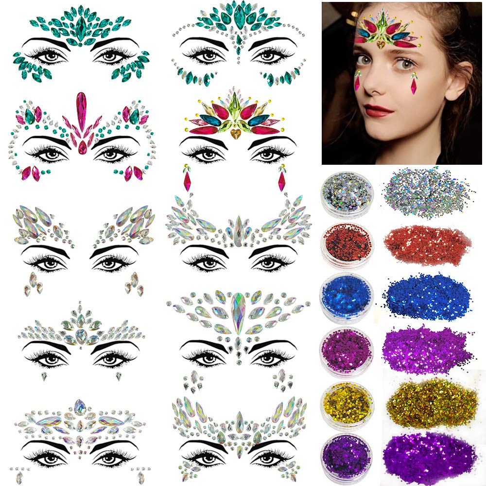 Face Gems Glitter - 10 Sets Face Jewels Bindi Face Body Jewels festival Temporary Stickers with 6 Pack Face Body Glitter