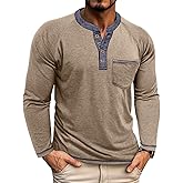 Mens Henley Shirts Long Sleeve Casual Button Basic T-Shirts Classic Vintage Tee Shirts with Pocket