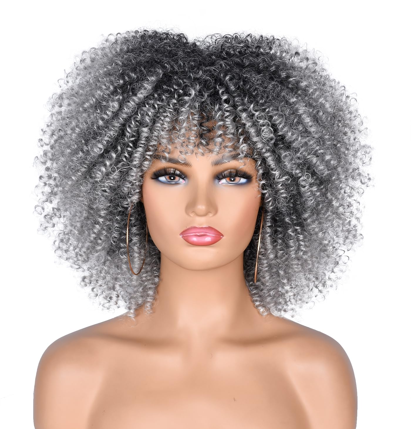 CoCrowns 10Inch Short Curly Afro Wigs with Bangs Bomb Afro Kinky Curly Wig for Black Women Synthetic Fiber Full Wig (Ombre Grey)