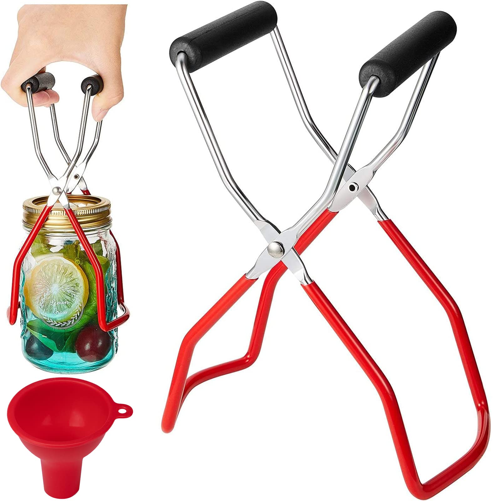 Canning Jar Lifter Tong Stainless Steel Jar Lifter with Grip Handle for Safe and Secure Grip Non-Slip Jar Lift Tong for Home Kitchen with a Wide -Mouth Silicone Funnel