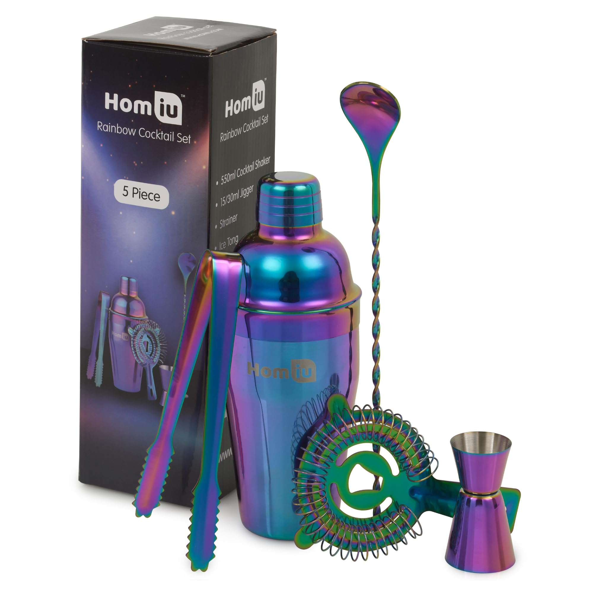 Homiu Cocktail Set Iridescent 6 Piece Includes Stainless Steel 550ml Cocktail Shaker Single or Double Shot Jigger Strainer Ice Tong and Bar Spoon Rainbow (Cocktail Set)