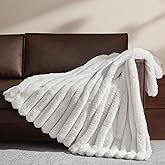 WDCOZY Faux Fur Throw Blanket Striped Super Soft Cozy Fluffy Luxurious Blankets Couch Bed Sofa Chair Home Decor Warm Furry Fall Winter Plush Lightweight Rabbit Fur Bubble Blanket 50" x 60", Ivory
