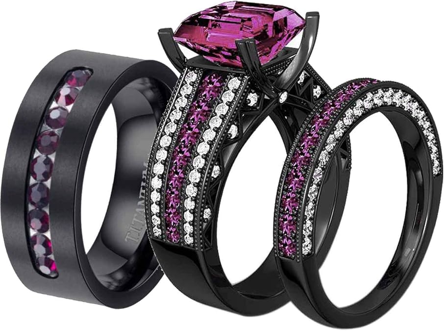 RingHeart 2 Rings His and Hers Purple Cz Couple Rings