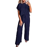 KIRUNDO 2 Piece Sets for Women Dressy Casual Ribbed Knit Short Sleeve Tops Wide Leg Pants Lounge Set Travel Airport Outfits