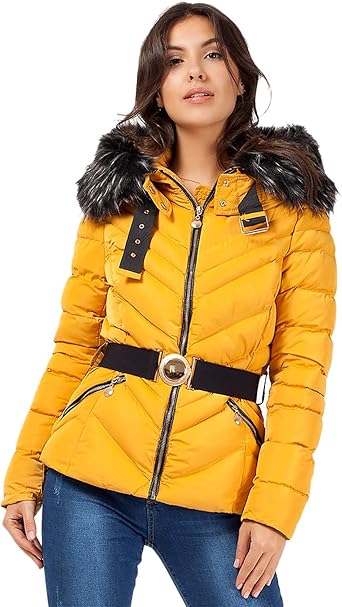 quilted faux fur hooded padded puffer coat mustard yellow