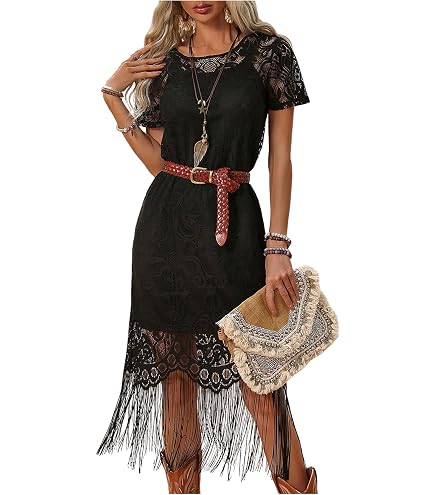 vintage western fringe dress Camel Premium Suede  Aquarius Brand Fringe on front Unique Vintage Black Fringe Girlie