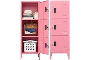 Aobabo Metal Locker, 16" W 3 Door Metal Storage Lockers for Employees with Lock and Name Card Holder for School, Home, Office, Playroom, Assembly Required, Pink
