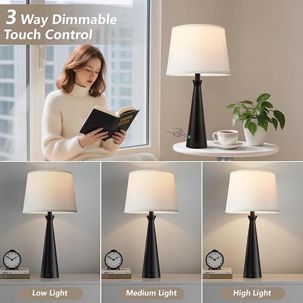 SEEALLE MODERN TABLE LAMPS SET OF 2 – TOUCH BEDSIDE LAMP FOR NIGHTSTAND WITH DUAL USB C+A,3-WAY DIMMABLE BLACK NIGHTSTAND LAMPS FOR LIVING ROOM BEDROOM END TABLE(BULB INCLUDED)