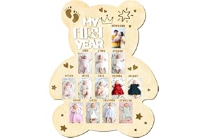 FLHRSM My First Year Photo Frame Board, 1st Birthday Girl Boy Gifts, Newborn Newmom Gift, 1 Year Old Girls Gifts, One Year Birthday Party Decorations, Baby Shower Baptism Favors, 12 Months Milestone