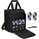 ALLCAMP 6 Bottle Wine Gift Bag - Insulated Tote Cooler, Adjustable Strap, Includes 6 Wine Glasses, Napkins & Corkscrew, Portable Travel Gifting(Black)