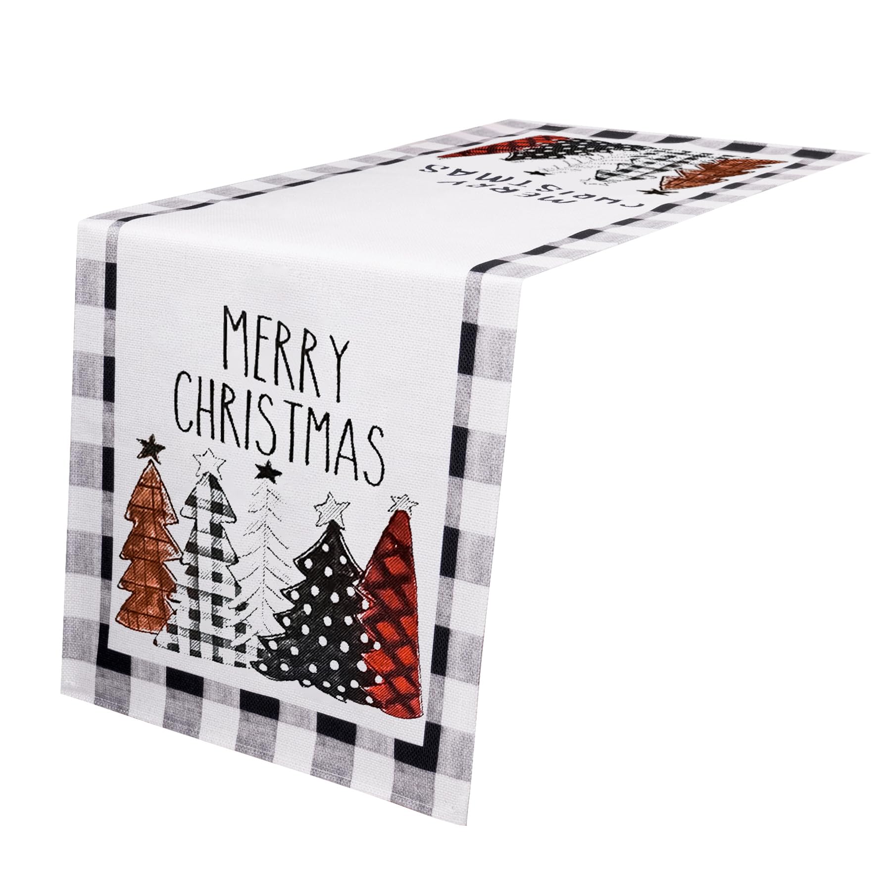 Toptime Christmas Table Runner, 183x33cm Black White Tartan Table Runner, Xmas Table Runner with Christmas Tree, Merry Christmas Patterns, Christmas Table Decoration for Holiday, Party, Dinner