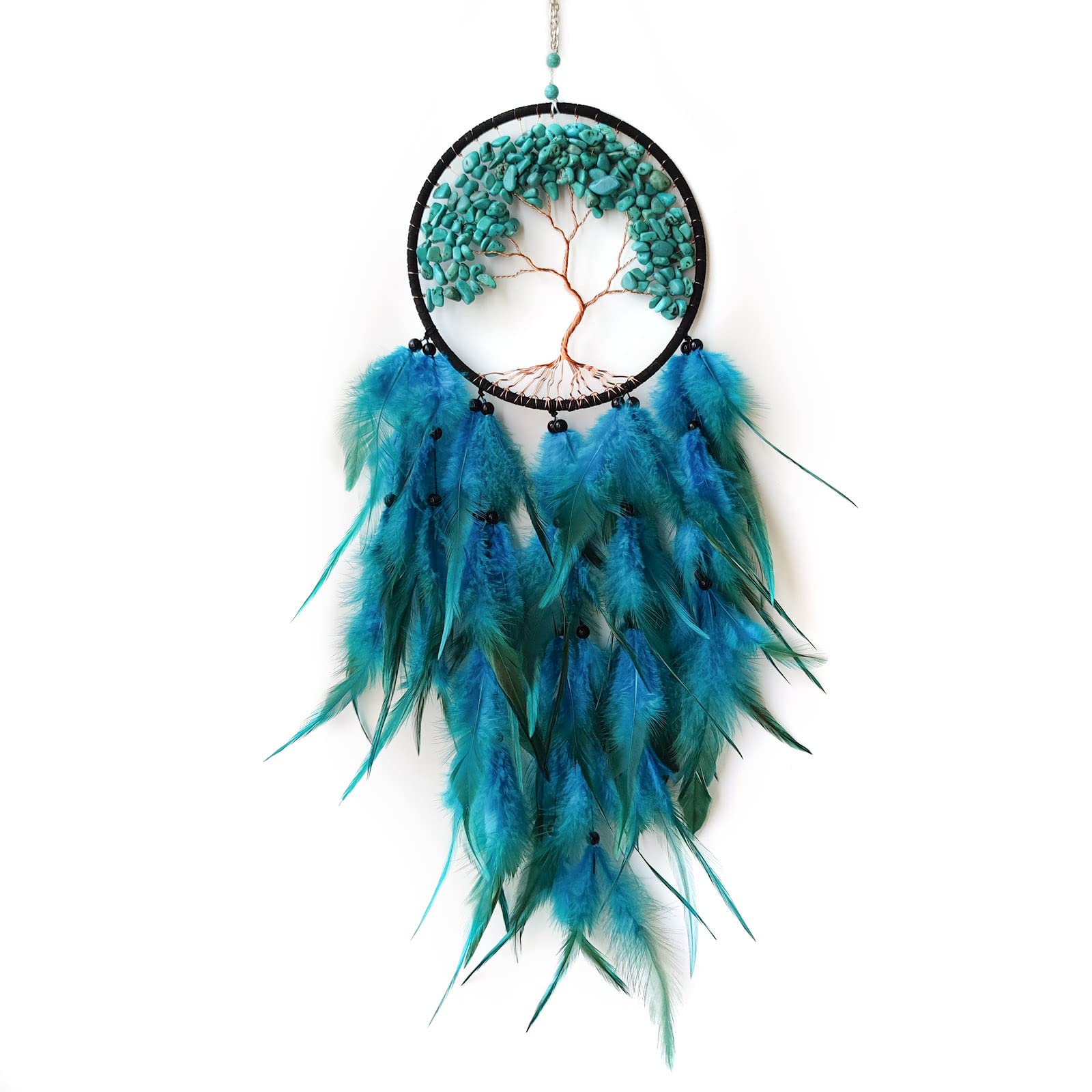 Donko Blue Dream Catcher Wall Decor Crystal Tree of Life Dream Catchers Handmade Feather Dreamcatcher Wall Hanging Ornament for Bedroom Living Room Home Decor