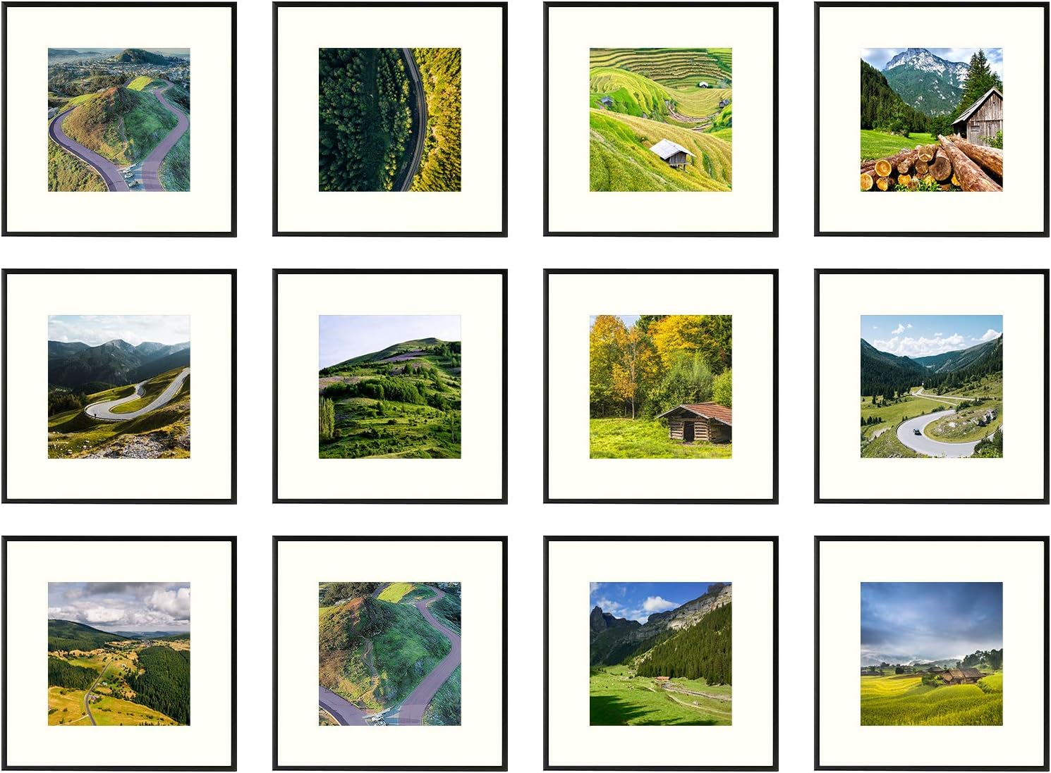Frametory, 12x12 Aluminum Photo Frame with Ivory Mat for 8x8 Picture Wall Display - Sawtooth Hanger, Swivel Tabs, Spring Clips Great for Photos, Artworks, Posters (Black, 12-Pack)