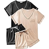 Ekouaer 2 Pack Silk Pajamas for Women Short Sleeve Satin Pj Set Soft V neck Sleepwear Loungewear, S-XXL